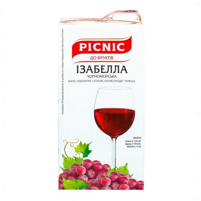 Вино Picnic Ізабелла Чорноморська червоне напівсолодке 1л 9-12% Вина та ігристі на GRADUS.MARKET. Тел: 063 6987172. Доставка, гарантія, кращі ціни!